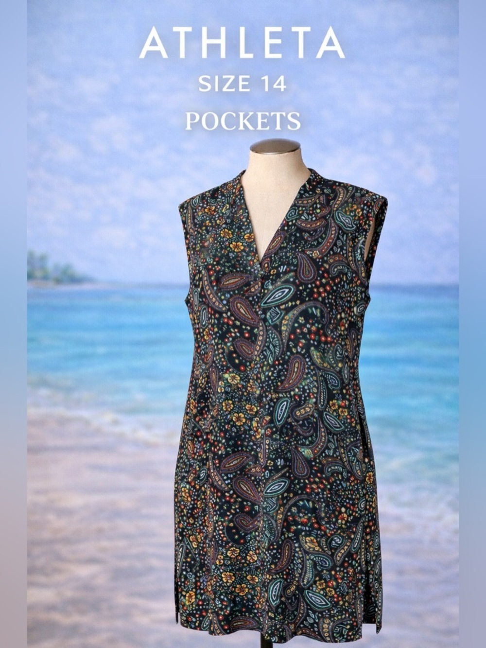 ATHLETA Paisley Sleeveless Dress Side Zip Pockets Size 14 Travel Boho